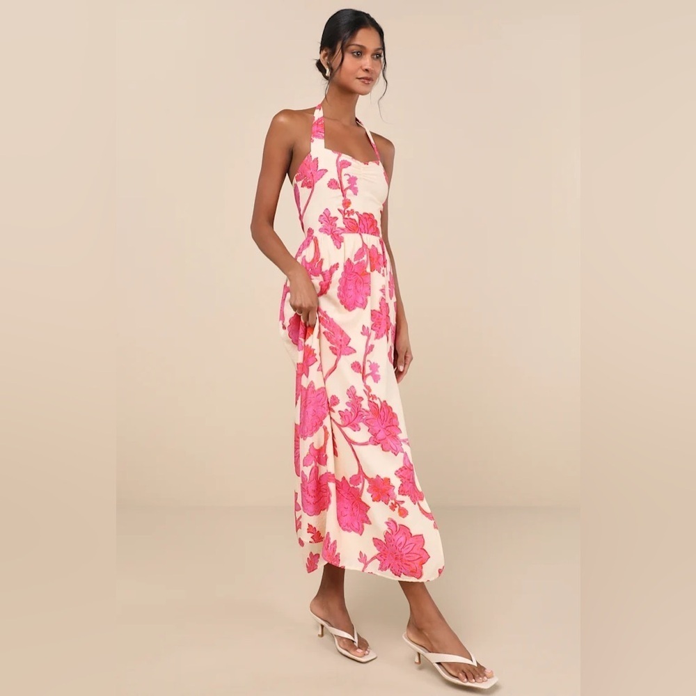 Lulus Layton Pink and Cream Floral Halter Maxi Dress